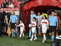 Referee Enea Jorgji and assistant referees Denis Rexha and Ridiger Cokaj   during the UEFA Nations League 2024/25 League B Group B4 match be...