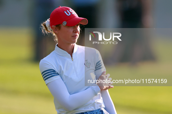 GAINESVILLE, VIRGINIA - SEPTEMBER 14: Nelly Korda of the United States follows her shot from the 7th fairway  during Day Two of the Solheim...