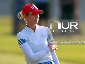 GAINESVILLE, VIRGINIA - SEPTEMBER 14: Nelly Korda of the United States follows her shot from the 7th fairway  during Day Two of the Solheim...