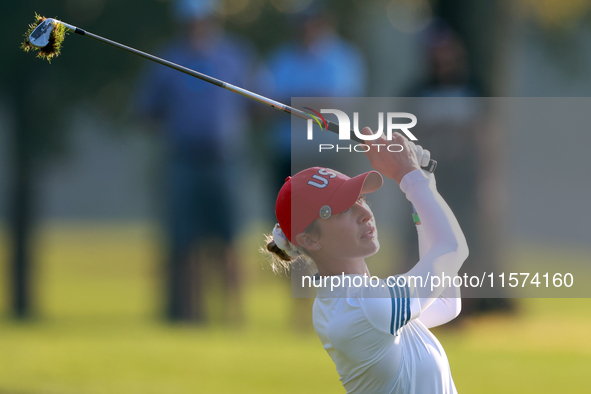 GAINESVILLE, VIRGINIA - SEPTEMBER 14: Nelly Korda of the United States hits from the 7th fairway  during Day Two of the Solheim Cup at Rober...