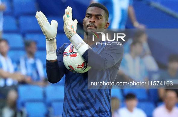 Jesus Owono plays during the match between RCD Espanyol and Deportivo Alaves in week 5 of LaLiga EA Sports at the RCDE Stadium in Barcelona,...