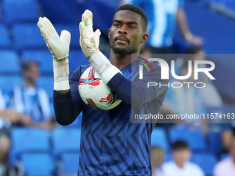 Jesus Owono plays during the match between RCD Espanyol and Deportivo Alaves in week 5 of LaLiga EA Sports at the RCDE Stadium in Barcelona,...