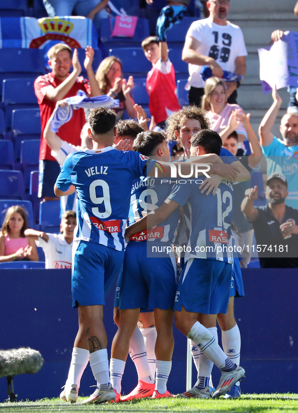 Javi Puado celebrates a goal during the match between RCD Espanyol and Deportivo Alaves, corresponding to week 5 of LaLiga EA Sports, at the...