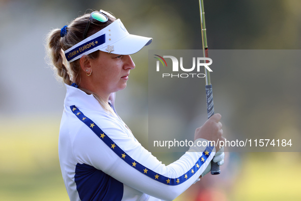 GAINESVILLE, VIRGINIA - SEPTEMBER 14: Emily Kristine Pedersen of Team Europe hits from the 7th fairway during Day Two of the Solheim Cup at...