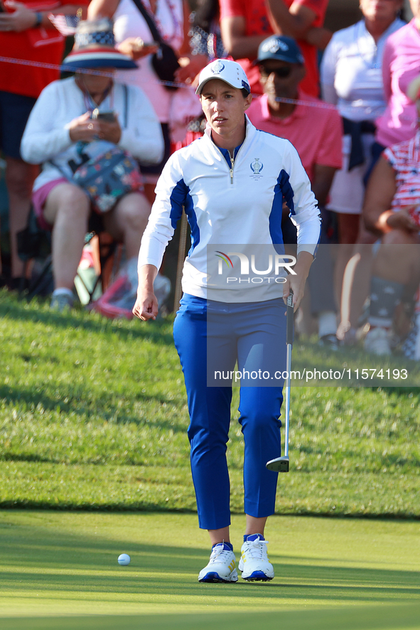 GAINESVILLE, VIRGINIA - SEPTEMBER 14: Carlota Ciganda of Team Europe looks over the 7th green during Day Two of the Solheim Cup at Robert Tr...