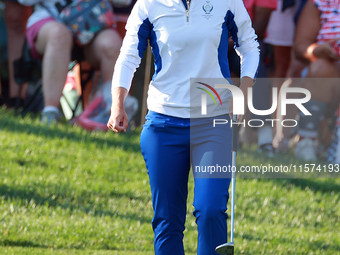 GAINESVILLE, VIRGINIA - SEPTEMBER 14: Carlota Ciganda of Team Europe looks over the 7th green during Day Two of the Solheim Cup at Robert Tr...