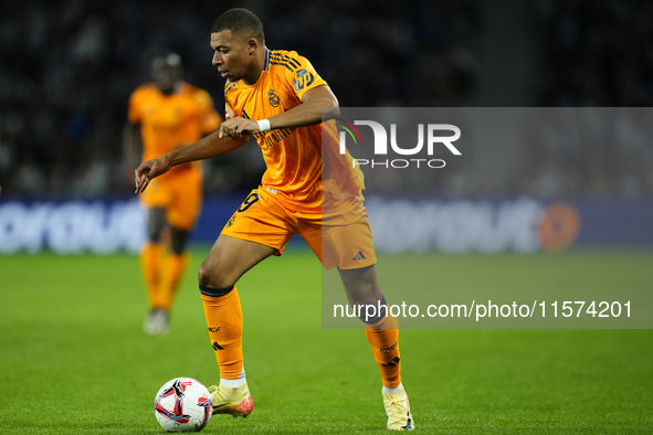 Kylian Mbappe centre-forward of Real Madrid and France shooting to goal during the La Liga match between Real Sociedad de Futbol and Real Ma...