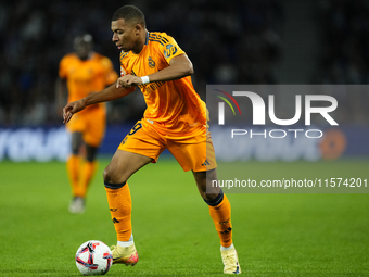 Kylian Mbappe centre-forward of Real Madrid and France shooting to goal during the La Liga match between Real Sociedad de Futbol and Real Ma...