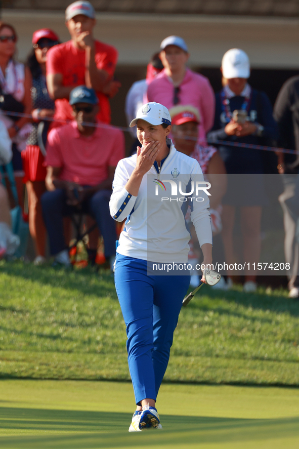 GAINESVILLE, VIRGINIA - SEPTEMBER 14: Carlota Ciganda of Team Europe walks on the 7th green during Day Two of the Solheim Cup at Robert Tren...