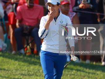 GAINESVILLE, VIRGINIA - SEPTEMBER 14: Carlota Ciganda of Team Europe walks on the 7th green during Day Two of the Solheim Cup at Robert Tren...