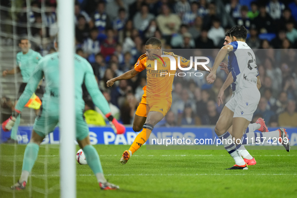 Kylian Mbappe centre-forward of Real Madrid and France shooting to goal during the La Liga match between Real Sociedad de Futbol and Real Ma...