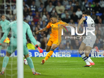 Kylian Mbappe centre-forward of Real Madrid and France shooting to goal during the La Liga match between Real Sociedad de Futbol and Real Ma...