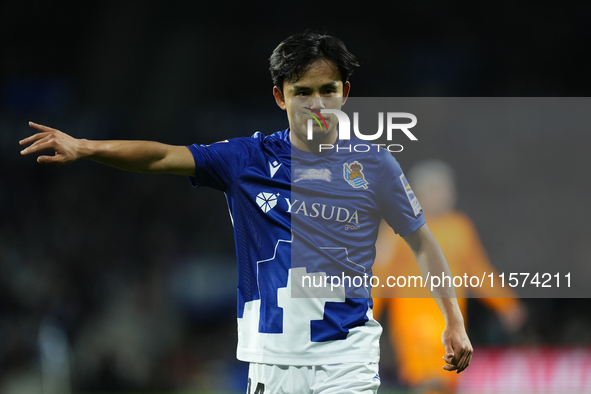 Takefusa Kubo right winger of Real Sociedad and Japan during the La Liga match between Real Sociedad de Futbol and Real Madrid CF at Reale A...