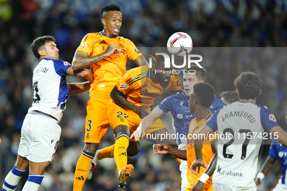 Antonio Rudiger centre-back of Real Madrid and Germany shooting to goal during the La Liga match between Real Sociedad de Futbol and Real Ma...