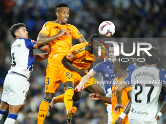 Antonio Rudiger centre-back of Real Madrid and Germany shooting to goal during the La Liga match between Real Sociedad de Futbol and Real Ma...