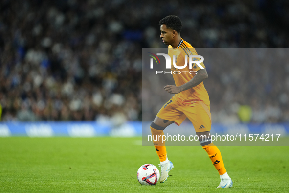 Rodrygo Goes right winger of Real Madrid and Brazil during the La Liga match between Real Sociedad de Futbol and Real Madrid CF at Reale Are...