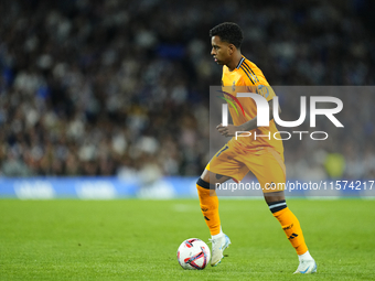 Rodrygo Goes right winger of Real Madrid and Brazil during the La Liga match between Real Sociedad de Futbol and Real Madrid CF at Reale Are...