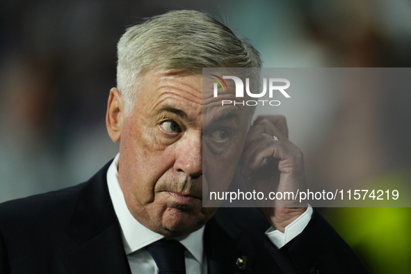 Carlo Ancelotti head coach of Real Madrid during the La Liga match between Real Sociedad de Futbol and Real Madrid CF at Reale Arena on Sept...