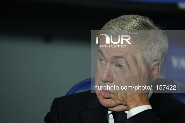 Carlo Ancelotti head coach of Real Madrid during the La Liga match between Real Sociedad de Futbol and Real Madrid CF at Reale Arena on Sept...