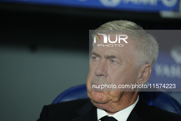 Carlo Ancelotti head coach of Real Madrid during the La Liga match between Real Sociedad de Futbol and Real Madrid CF at Reale Arena on Sept...