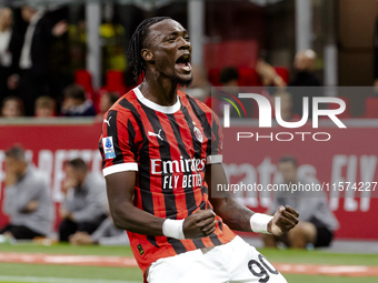 Tammy Abraham celebrates after scoring a goal during the Serie A football match between AC Milan and Venezia FC in Milano, Italy, on Septemb...