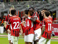 Tammy Abraham celebrates after scoring a goal during the Serie A football match between AC Milan and Venezia FC in Milano, Italy, on Septemb...