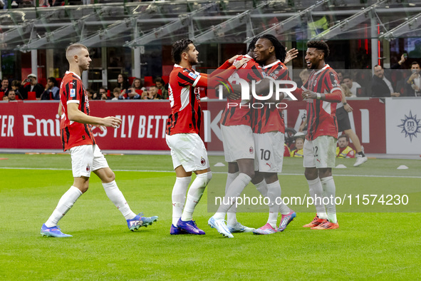 Tammy Abraham celebrates after scoring a goal during the Serie A football match between AC Milan and Venezia FC in Milano, Italy, on Septemb...