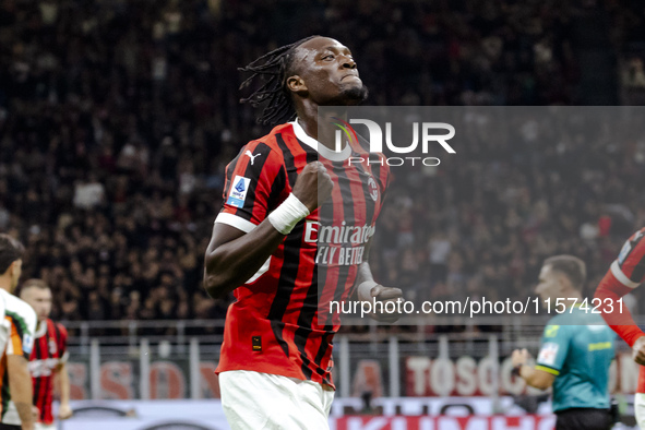 Tammy Abraham celebrates after scoring a goal during the Serie A football match between AC Milan and Venezia FC in Milano, Italy, on Septemb...