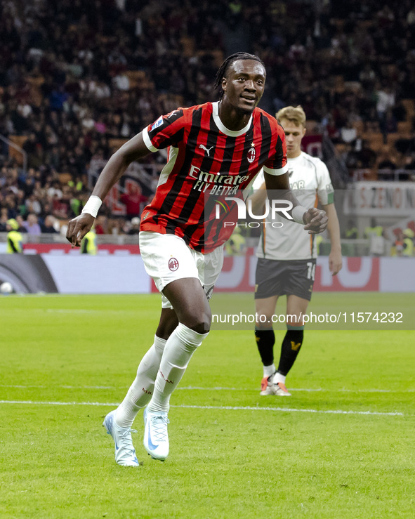 Tammy Abraham celebrates after scoring a goal during the Serie A football match between AC Milan and Venezia FC in Milano, Italy, on Septemb...