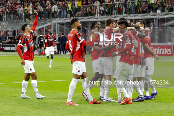 Christian Pulisic celebrates after scoring a goal during the Serie A football match between AC Milan and Venezia FC in Milano, Italy, on Sep...