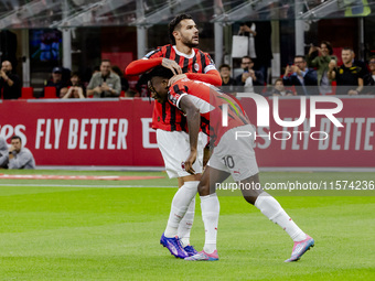 Theo Hernandez and Rafael Leao celebrate after scoring a goal during the Serie A football match between AC Milan and Venezia FC in Milano, I...