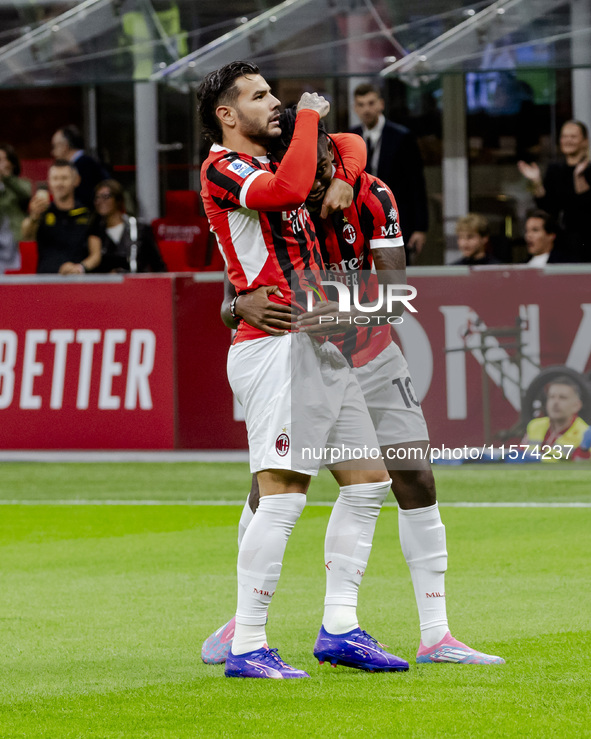 Theo Hernandez and Rafael Leao celebrate after scoring a goal during the Serie A football match between AC Milan and Venezia FC in Milano, I...