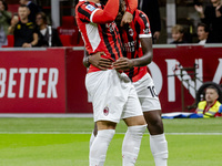 Theo Hernandez and Rafael Leao celebrate after scoring a goal during the Serie A football match between AC Milan and Venezia FC in Milano, I...