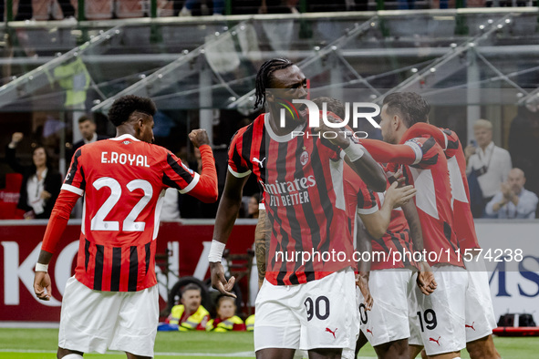 Tammy Abraham celebrates after scoring a goal during the Serie A football match between AC Milan and Venezia FC in Milano, Italy, on Septemb...