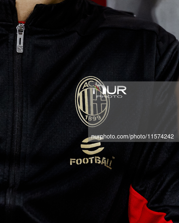 The AC Milan logo is seen during the Serie A match between AC Milan and Venezia FC at Stadio Giuseppe Meazza in Milano, Italy, on September...