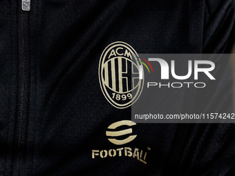 The AC Milan logo is seen during the Serie A match between AC Milan and Venezia FC at Stadio Giuseppe Meazza in Milano, Italy, on September...