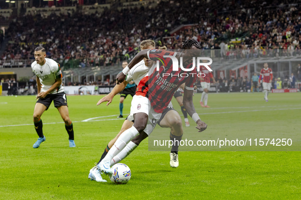 Tammy Abraham plays during the Serie A match between AC Milan and Venezia FC in Milano, Italy, on September 14, 2024, at Stadio Giuseppe Mea...