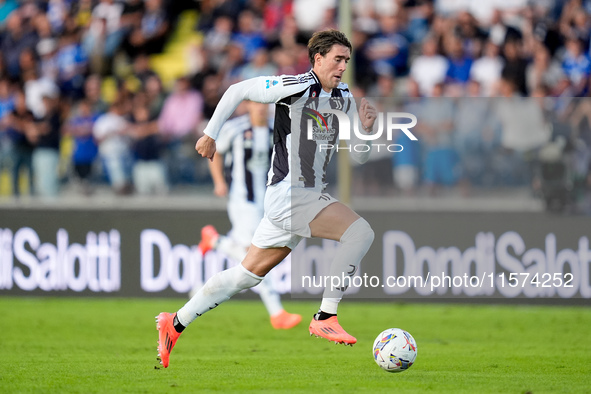 Dusan Vlahovic of Juventus FC in action during the Serie A Enilive match between Empoli FC and Juventus FC at Stadio Carlo Castellani on Sep...