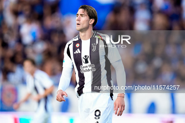 Dusan Vlahovic of Juventus FC looks on during the Serie A Enilive match between Empoli FC and Juventus FC at Stadio Carlo Castellani on Sept...