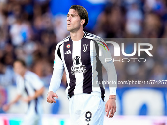 Dusan Vlahovic of Juventus FC looks on during the Serie A Enilive match between Empoli FC and Juventus FC at Stadio Carlo Castellani on Sept...