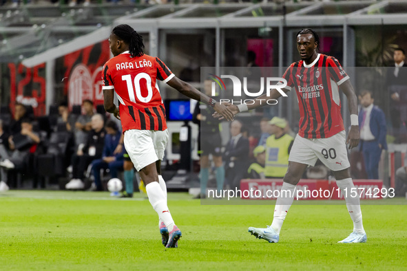 Rafael Leao and Tammy Abraham are in action during the Serie A match between AC Milan and Venezia FC in Milano, Italy, on September 14, 2024...