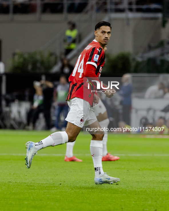 Tijjani Reijnders plays during the Serie A match between AC Milan and Venezia FC at Stadio Giuseppe Meazza in Milano, Italy, on September 14...