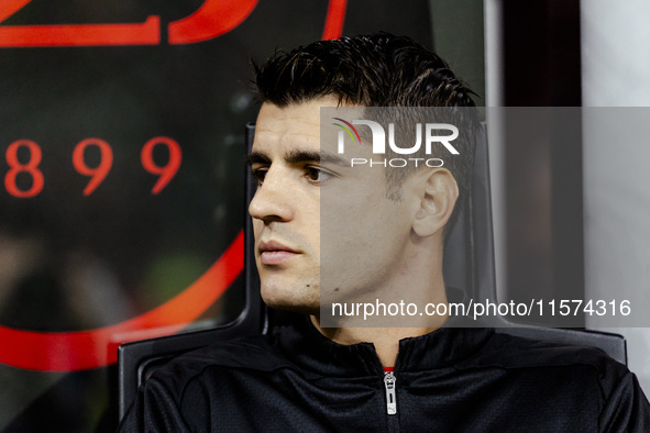 Alvaro Morata plays during the Serie A match between AC Milan and Venezia FC in Milano, Italy, on September 14, 2024, at Stadio Giuseppe Mea...