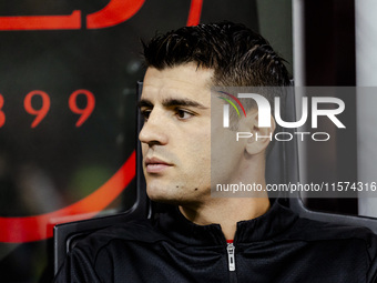 Alvaro Morata plays during the Serie A match between AC Milan and Venezia FC in Milano, Italy, on September 14, 2024, at Stadio Giuseppe Mea...