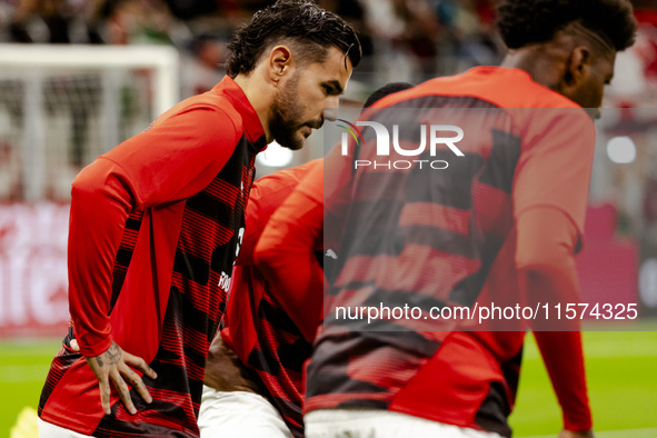 Theo Hernandez plays during the Serie A match between AC Milan and Venezia FC in Milano, Italy, on September 14, 2024, at Stadio Giuseppe Me...