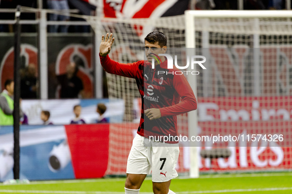 Alvaro Morata plays during the Serie A match between AC Milan and Venezia FC in Milano, Italy, on September 14, 2024, at Stadio Giuseppe Mea...