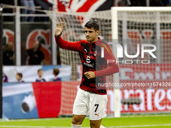 Alvaro Morata plays during the Serie A match between AC Milan and Venezia FC in Milano, Italy, on September 14, 2024, at Stadio Giuseppe Mea...