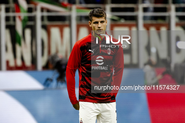 Alvaro Morata plays during the Serie A match between AC Milan and Venezia FC in Milano, Italy, on September 14, 2024, at Stadio Giuseppe Mea...