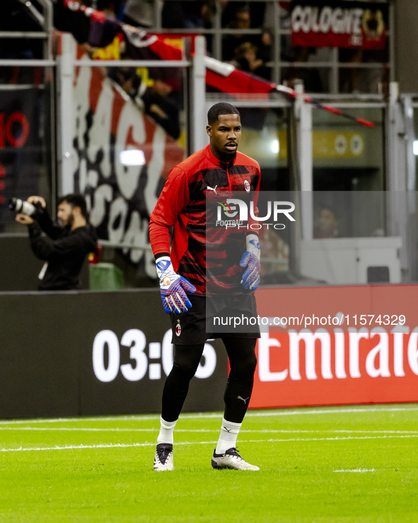 Mike Maignan is in action during the Serie A match between AC Milan and Venezia FC in Milano, Italy, on September 14, 2024, at Stadio Giusep...