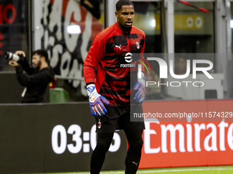 Mike Maignan is in action during the Serie A match between AC Milan and Venezia FC in Milano, Italy, on September 14, 2024, at Stadio Giusep...